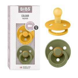BIBS Colour Paquete de 2 chupetes. Libre de BPA, Tetina redonda. Látex natural, Talla 1 (0-6 meses) Honey Bee/Olive