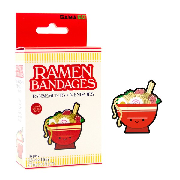 GAMAGO Ramen Bandages for Kids & Kidults - Set of 18 Individually Wrapped Self Adhesive Bandages - Sterile, Latex-Free & Easily Removable - Funny Gift & First Aid Addition