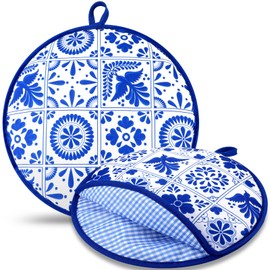 Honeydak 2 Pcs 12 Inch Tortilla Warmer Pouch, Microwavable Insulated Cloth Pouch Blue Mexican Talavera Tortillero Fabric Tortilla Keeper Taco Holder for Tortillas, Tacos, Naan, Pizza Rolls
