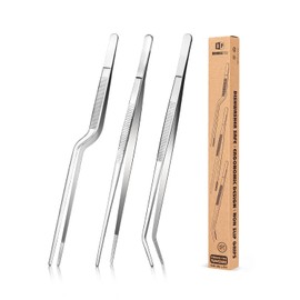 Fine Cooking Tweezers Set, Professional Stainless Steel Food Tongs, Kitchen Black Long Chef Tweezer for Cooking, Plating, Decorating and BBQ (SILVER, 12 inch)