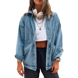MJFCS YAENH Women's Casual Oversized Button Up Denim Jackets Shacket Long Sleeve Pockets Denim Jean Jacket with Huge Pockets(Blue,L)