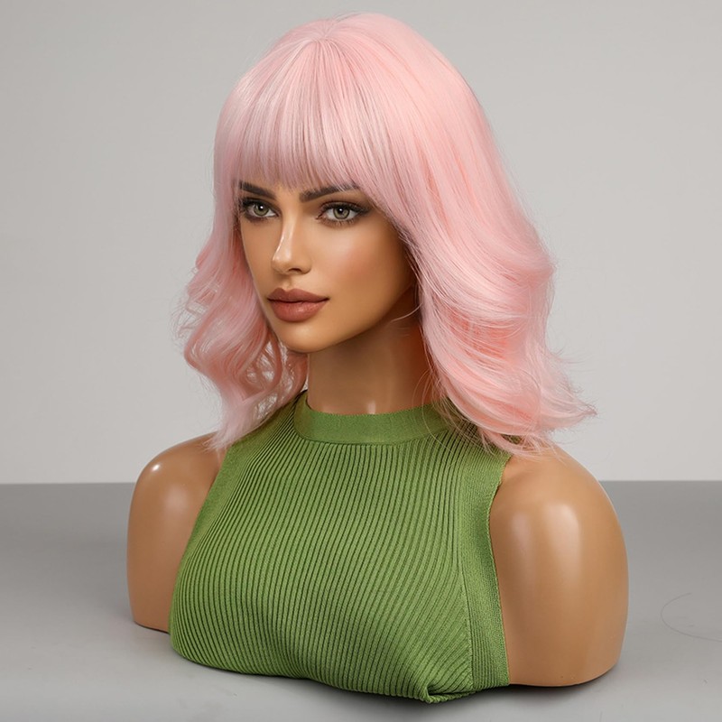 WTHCOS Light Pink Wig Short Bob Wig Short Curly Wavy