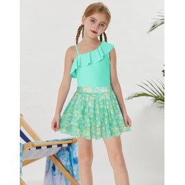 GRACE KARIN Teen Girls Swimsuit Size 12-14 One Piece Bathing Suits with Skirt Swimwear Green