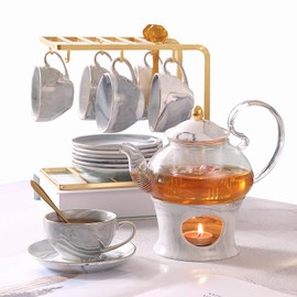 DUJUST 21 pcs Small Tea Set of 6, Gray Marble Texture with Handcraft Golden Trim, Fine Porcelain Tea pot Set for Kids&Adults, 1 Glass Teapot(22oz), 6 Cups(4oz), 6 Saucers, 6 Spoons, 1 Shelf&1 Warmer…