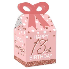 Big Dot of Happiness 13th Pink Rose Gold Birthday - Square Favor Gift Boxes - Happy Birthday Party Bow Boxes - Set of 12