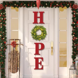 WinnerWhy 4 Pcs Lighted Christmas Wall Decors Wood HOPE Sign with 11.8 Inch Norfolk Pine Wreath Lighted Xmas Vintage Wooden Sign for Xmas Fireplace Living Room Home Door Entryway (Red)