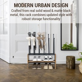 MyGift 2-Tier Boot and Shoe Rack, Urban Industrial Style Burnt Solid Wood and Matte Black Metal Freestanding Boots Holder Entryway Storage Organizer Bench