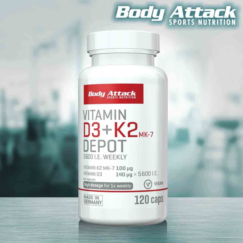 Body Attack Vitamin D3 + K2 Depot, 120 Capsules -