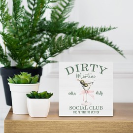 RUNMESS Dirty Martini Social Club Wooden Box Signs, Martini Decorations, Gifts for Martini Lovers, Bar Signs for Home Bar Decor, Bar Wooden Signs for Home Bar Desk Shelf Table Decor, 5x5 Inch