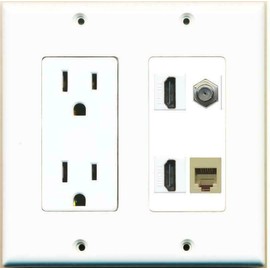 RiteAV [ 2 GANG ] 15A Duplex Power Outlet 2 HDMI Coax RJ11-12 Phone Wall Plate White