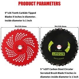 Gashwer 9" x 36 Teeth Carbide Tipped Blades & 9" x20T Carbon Steel Round Chainsaw Tooth Brush Blades with Universal Adapter Kit Compatible with Brush Cutter, Trimmer, Weed Eater, Husqvarna, Stihl Ego