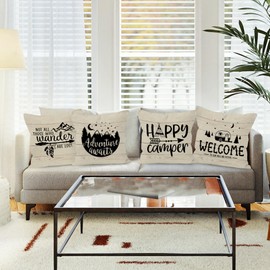 HUYAW Happy Camper Camping Welcome Decorative Throw Pillow Covers, Adventure Awaits Pillow Cases Set of 4, 18 x 18 Inch Home RV Decor