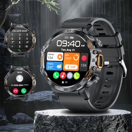Military Smart Watches for Men(Answer/Make Calls) with LED Flashlight,1.53’’ AMOLED Heart Rate/Sleep Monitor Waterproof Smartwatch for Android iOS,100+Sport Modes