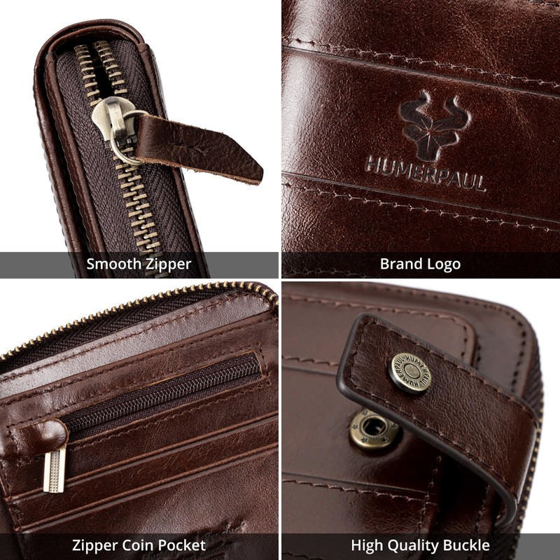 HUMERPAUL Zipper Wallets for Men, Genuine Leather RFID Blocking Bifold