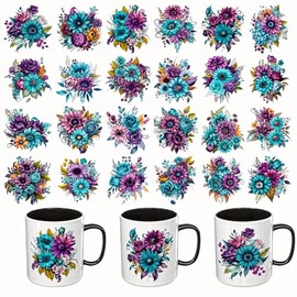 24pcs Purple Rose Flower UV DTF Cup Wraps Transfer Waterproof Sticker for Glass Cups Furniture Craft DIY Crafts，Rub on Transfer Stickers for DIY Water Bottle Laptop Decal Wood Car