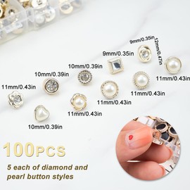 KiKiHong 100 Pearl Buttons,Vintage Sewing Buttons,White Crystal Sewing Buttons Garment Buttons for Sewing Shirts, Blazers (10 Styles)
