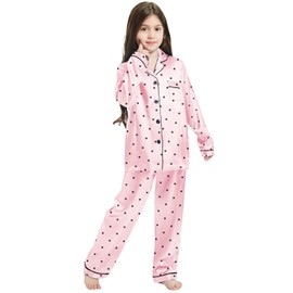 Silk Pajamas for Girls Satin Long Sleeve Button Down PJ Set Two-Piece Sleepwear for Kids, Pink Polka Dots, 9-10 Years