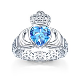 Claddagh March Aquamarine Birthstone Rings for Women 925 Sterling Silver Celtic Knot Promise Rings for Her Anniversary Statement Engagement Wedding Ring Band Irish Jewelry Birthday Gifts Size 8