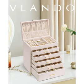 Vlando 6 Layer Large Jewelry Box - Jewelry Holder Organizer, Jewelry Box Organizer for Drawer Necklace Ring Bracelet and Watch, Christmas Gift for Loved Ones - Pink