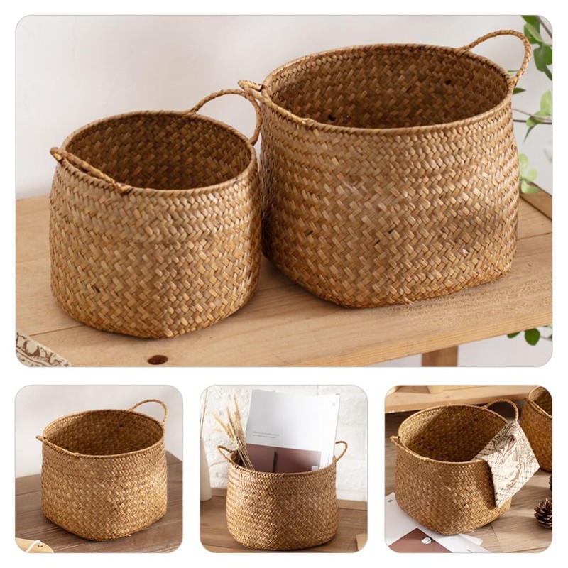 Kichvoe Rattan Storage Boxes With Handles - Cane Seagrass Plant