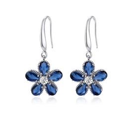Elaximn 925 Sterling Silver Blue Sapphire Flower Earrings for Women, Hypoallergenic Birthstone Drop Dangle Jewelry Blue Floral Earrings for Women Gifts