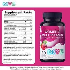 LIVS Women's Multivitamins Gummy Vitamin - Multivitamin for Women, Gummy Vitamins, All-Natural, Gluten-Free, Non-GMO, Womens Vitamins Gummies - Strawberry, Cherry, & Raspberry Flavored, 50 Count