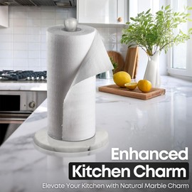 Flexzion Marble Paper Towel Holder 12 inch (White) - Kitchen Countertop Paper Towel Holder Stand Rack with Roll Dispenser Pole and Weighted Marble Base for Tables Home Dining Bathroom Storage