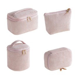 Kosmetiktasche Kulturtasche Damen Cord Makeup Bag Waschtasche Mädchen Beautycase Groß Kosmetik Organizer Tasche Schminkkoffer Beauty Box Rosa Reise Kulturbeutel mit Reißverschlus Portable Cosmetic Bag