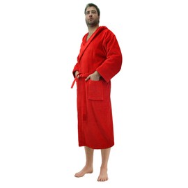 Womens and Mens Robes Bathrobes, Hooded Bathrobes, 100% Cotton Velour Terry Robe, Size One Size (L/XL) Full Length, Red