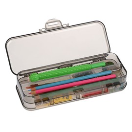BTSKY Double Deck Pencils Box Clear Plastic Stationery Box with 4 Removable Ruler Dividing Spacers Multi-grid Home Utility Box with 6 Compartments for Pencils Erasers Clips (Clear Black)