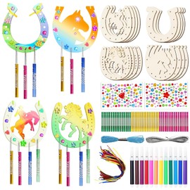 Pack of 16 Wooden Horseshoe for Painting Set, Wind Chime Craft Set Children, Craft Set Children's Birthday Party for Children Girls Boys Guest Gifts Horses Wood Crafts Birthday Decoration DIY Wooden
