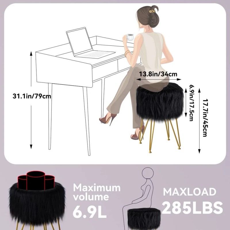 Runlexi Vanity Stool Chair with Storage, Faux Fur Makeup Room