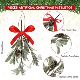 Giegxin 1 Piece Christmas Artificial Mistletoe Ornament with Red Bow Christmas Hanging Mistletoe Decoration Bouquet Floral Natural Pine Cones Holiday Decoration Ornament Bouquet (Classic Style)