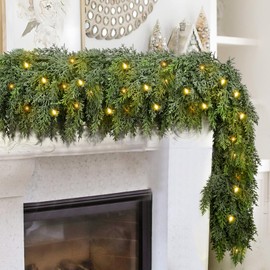 6FT Pre-lit Thick Christmas Garland with 168 Cedar Branches, Green Cedar Garland for Christmas Decorations with Lights, Artificial Greenery Garlands for Table Mantle Wall Indoor Outdoor Holiday Decor