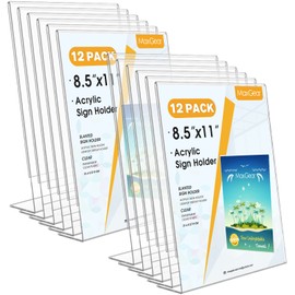 MaxGear Acrylic Sign Holder 8.5 x 11 Inches, Clear Sign Holders Plastic Display Stand Slant Back Countertop Display Picture Frames for Menus, Flyer, Use In Office, Store, 12 Pack