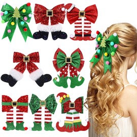Yuxung 8 Pack Christmas Hair Clips for Women Glitter Sequins Red and Green Christmas Bow Clips Xmas Glitter Hair Accessories Deer Antler Headdress Cute Xmas Party Gifts for Women (Mixed Style)