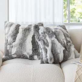 MOOX Rabbit Fur Pillow Covers Set of 2 Fur Throw Lumbar Decorative Pillow Fuzzy Soft Fluffy Genuine Animal Skin 18"x18" Sofa Couch Bed Cover, Couch-Grey White