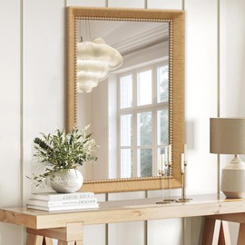 Besdomus Rattan Wall Mirror, 24x36 Inch Hand-Made Rustic Farmhouse Bamboo Wicker Mirror, Living Room Wood Frame Mirror Décor Wall Art Boho Mirrors for Wall Mounted