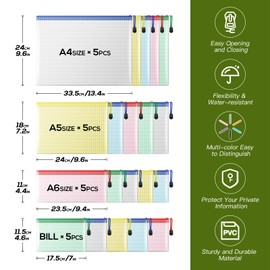 Bolsa de malla con cierre, 20 bolsas impermeables con cierre, 4 tamaños, 5 colores, carpetas de documentos para suministros escolares, electrodomésticos de oficina, organización del hogar y