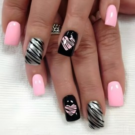 24Pcs Valentine Press on Nails Short Fake Nails with Heart Lines Designs Pink Black Silver False Nails Square Glossy Glue on Nails Cute Pink Heart Acrylic Nails Valentines Stick on Nails for Women