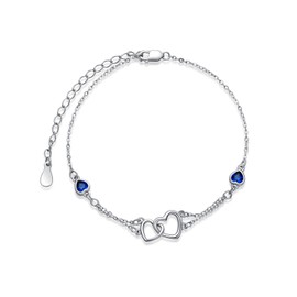 Blue Bracelet for Women 925 Sterling Silver Double Heart Bracelets Sapphire Dainty Beach Jewelry Aquamarine September Birthstone Heart Chain Jewelry for friend Best Friends