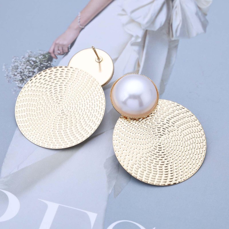 Inateannal Boho Texture Disc Dangle Earrings Large Round Pearl Stud