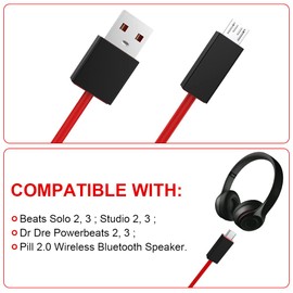 Xivip Micro USB Charging Charger Cable,Beats Studio 3 Charger Cable Compatible with Beats by Dr Dre Powerbeats 2 3, Solo Studio 2 3 2.0 Wireless Headphones 3.3 ft (Red)