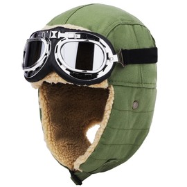 Lapset Pilot Cap, Fumofu Flying Hat, Flight Cap, Climbing Hat, Thermal Hat, Fleece-Lined, Stylish, Unisex, With Goggles, No Goggles, 4 Colors, Green with Goggles, 59 cm