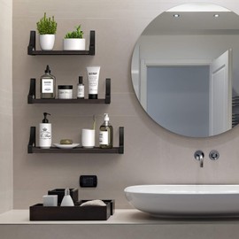 AMADA HOMEFURNISHING Floating Shelves Wall Mounted Set of 3, Rustic Wood Wall Shelves for Bedroom/Bathroom/Living Room/Kitchen/Laundry Room Storage & Decoration, Brown