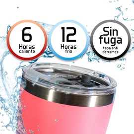 Vaso térmico de 20 oz – Acero inoxidable 18/8 con doble pared, mantiene bebidas frías y calientes, incluye 2 popotes de acero, cepillo limpiador, tapa a prueba de fugas y base de fácil agarre (rosa)