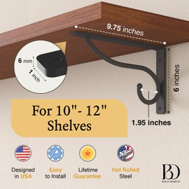 Closet Rod Bracket, 10 Inch Hook Shelf Brackets Heavy Duty Wall Mounted, Black Closet Rod Support Brackets for Curtains, Hanging Hook Kitchen, Garage Shelf Supports (4 Pack) (Black, 10 Inch)