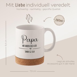 wunderwunsch Tasse personalisiert Name Kaffeetasse mit Korkboden, Kaffeebecher als Geschenk für Mom, Mutter, Mama, Stiefvater, Stiefpapa, Papa individualisiert (Papa wir haben dich lieb)