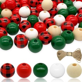 230 Pieces Checker Wood Round Beads Buffalo Plaid Loose Wooden Bead 16 mm Farmhouse Beads Painted Spacer Beads with Hemp Rope for Christmas Holiday Party Decoration Garland Bracelets DIY Crafts Making