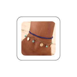 Xduargs Boho Layered Sequins Ankle Bracelet Vintage Turquoise Tassel Chain Bracelet Blue Rice Bead Foot Chain Adjustable Coins Turquoise Anklet Bracelet Jewelry for Women and Girls